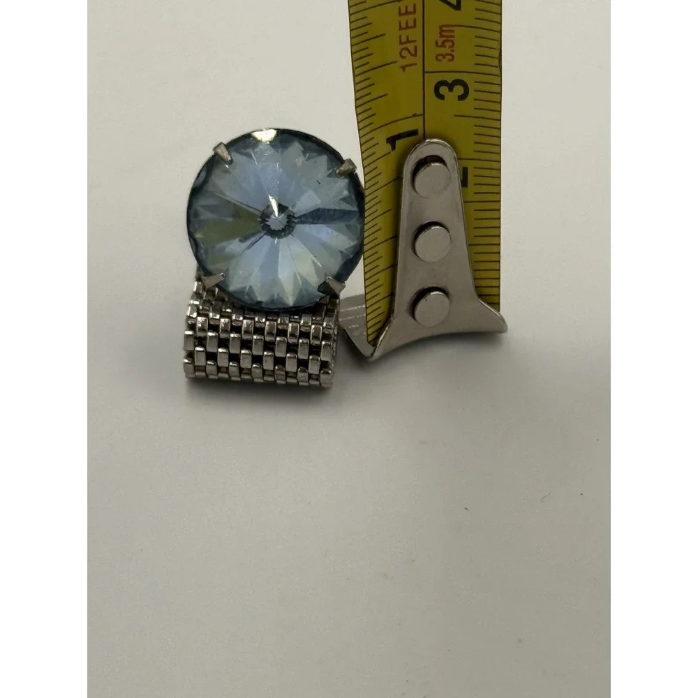 Vintage Silver-Tone Mesh Wrap Cufflinks Blue Rhinestone Round Center Mid-Century